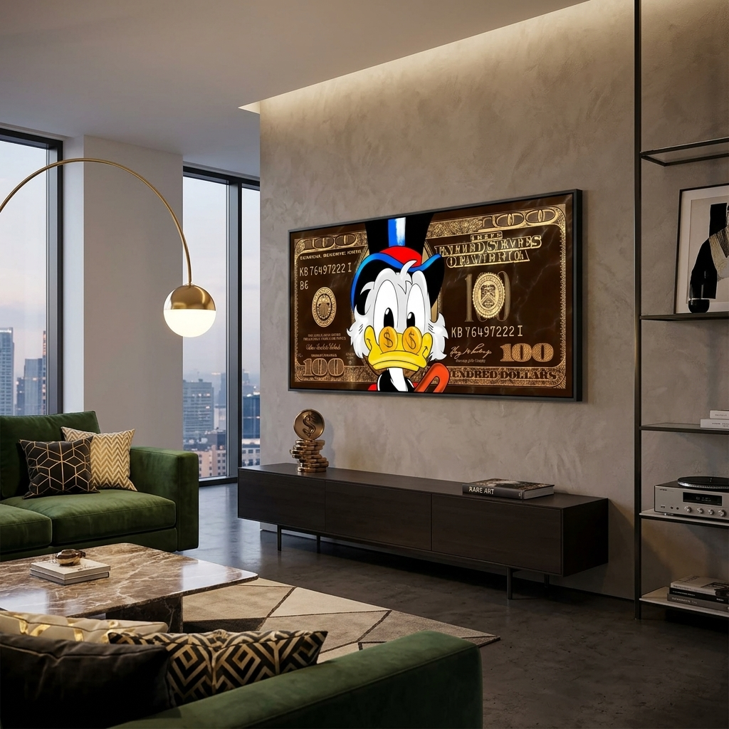 Scrooge 100 Dollar Gold und Braun Inspirierender Leinwand-Kunstdruck