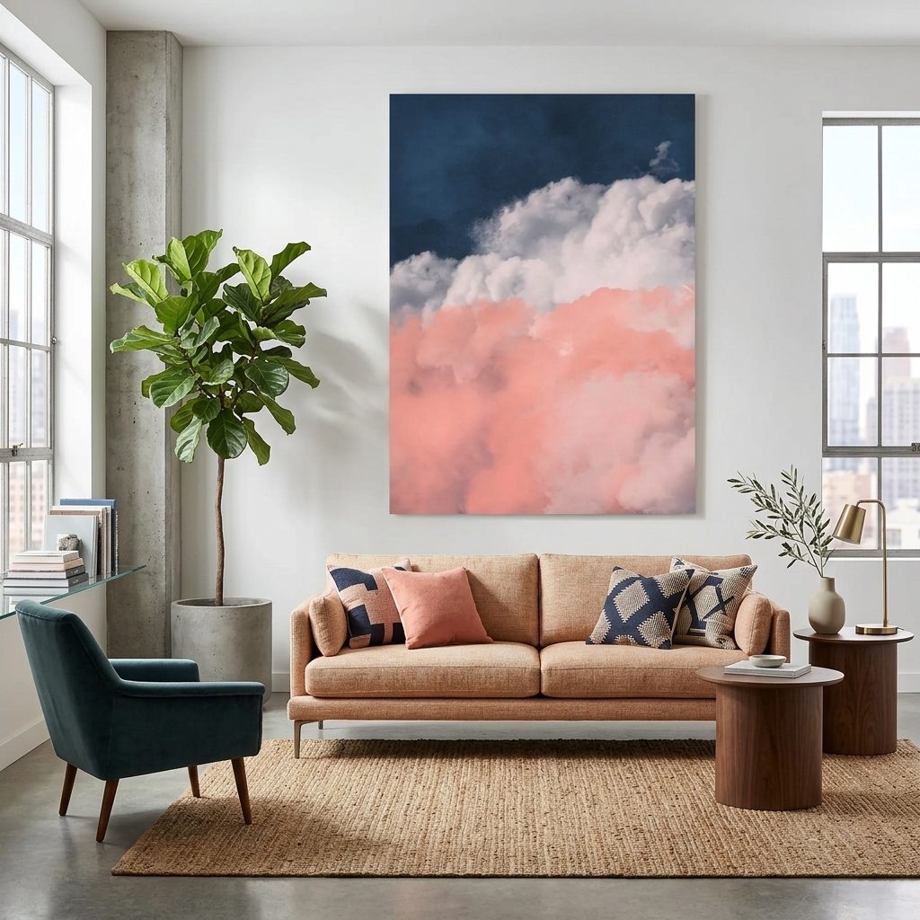 Rosa-graue Wolken auf blauem Hintergrund Leinwandbild