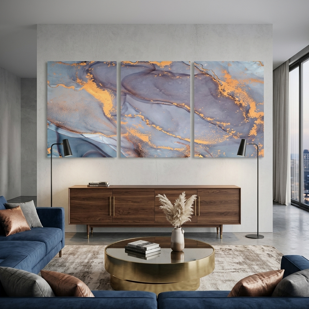 Modularer, grau-goldener abstrakter Kunstdruck mit goldenen Elementen, mehrere Teile auf Leinwand