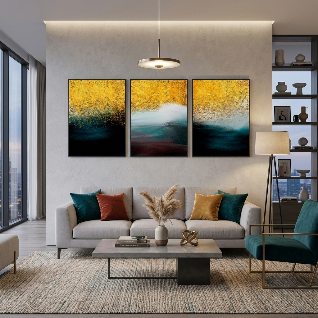 Modulares Wandbild aus drei Teilen in Gold, Weiß und dunklen Farben, mehrteilig, auf Leinwand