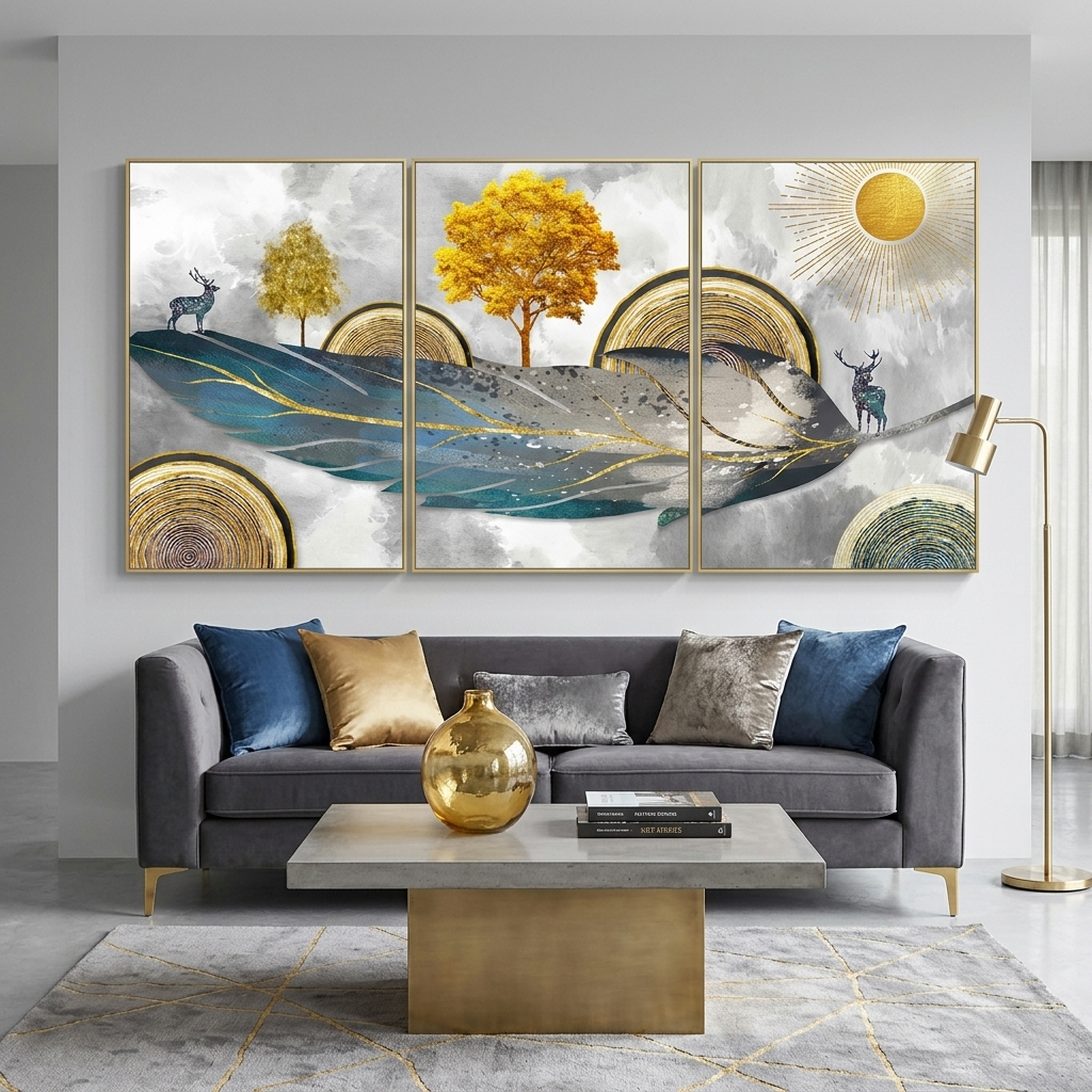 Multi Panel Canvas Wall Art Print Stags on the feather
