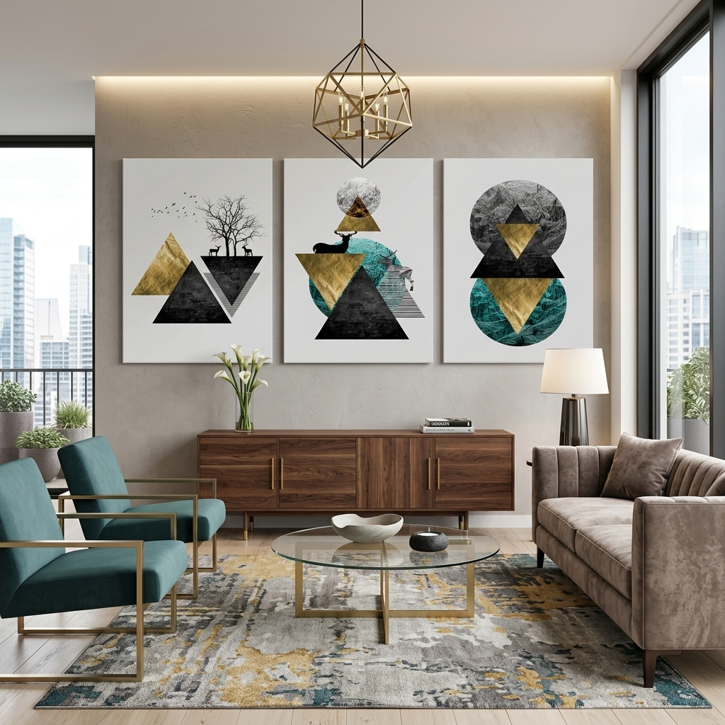 Modularer abstrakter Kunstdruck auf weißem Hintergrund mit geometrischen Formen, mehrere Teile auf Leinwand