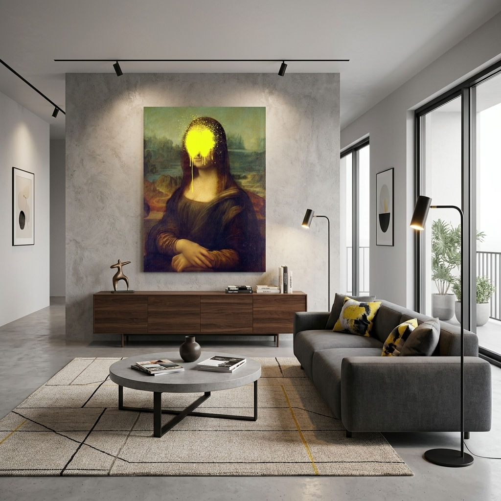 Kunstdruck auf Leinwand, Mona Lisa mit gelber Farbe im Gesicht