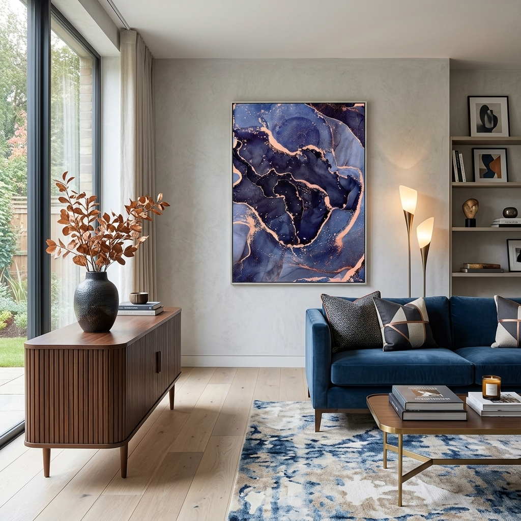 Marineblaues abstraktes Bild mit goldenen Elementen Abstraktion Leinwandbild Wandbild