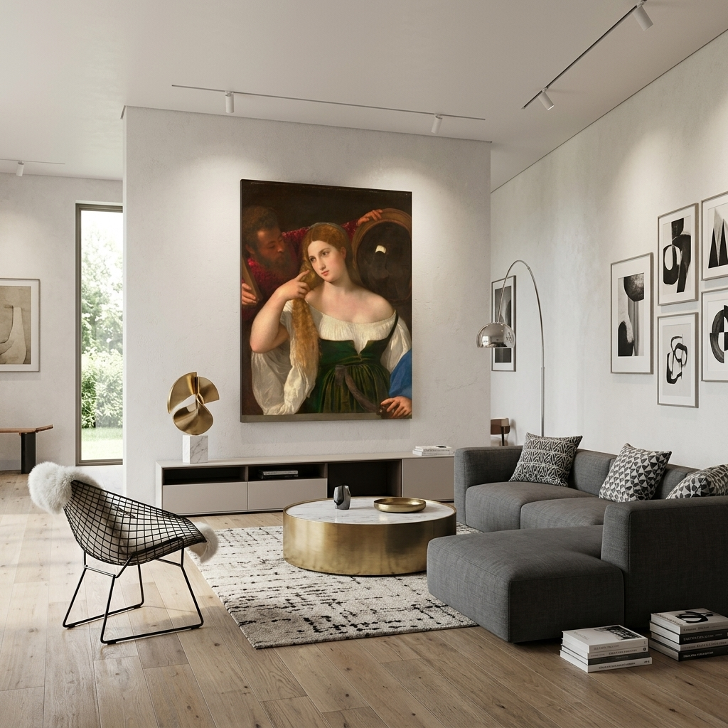 Reproduktion „Frau vor dem Spiegel“, Reproduktion von Tizian auf Leinwand, Kunstdruck