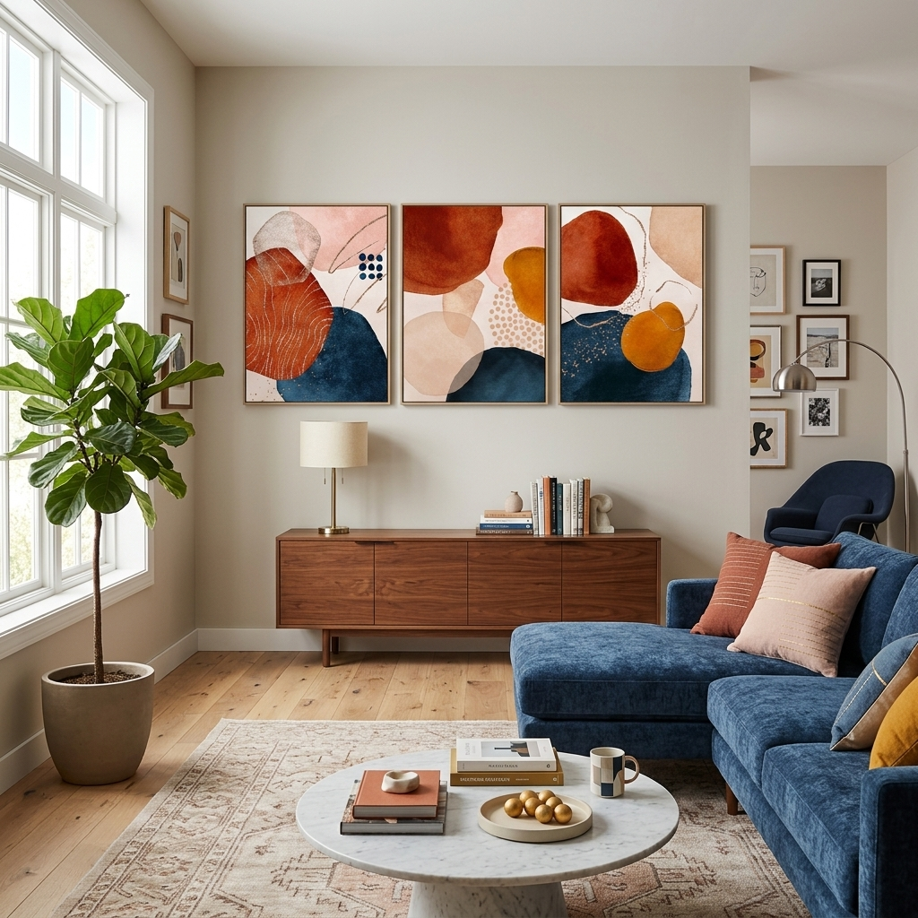 Modularer dreiteiliger abstrakter Kunstdruck auf Leinwand in Blau und Orange