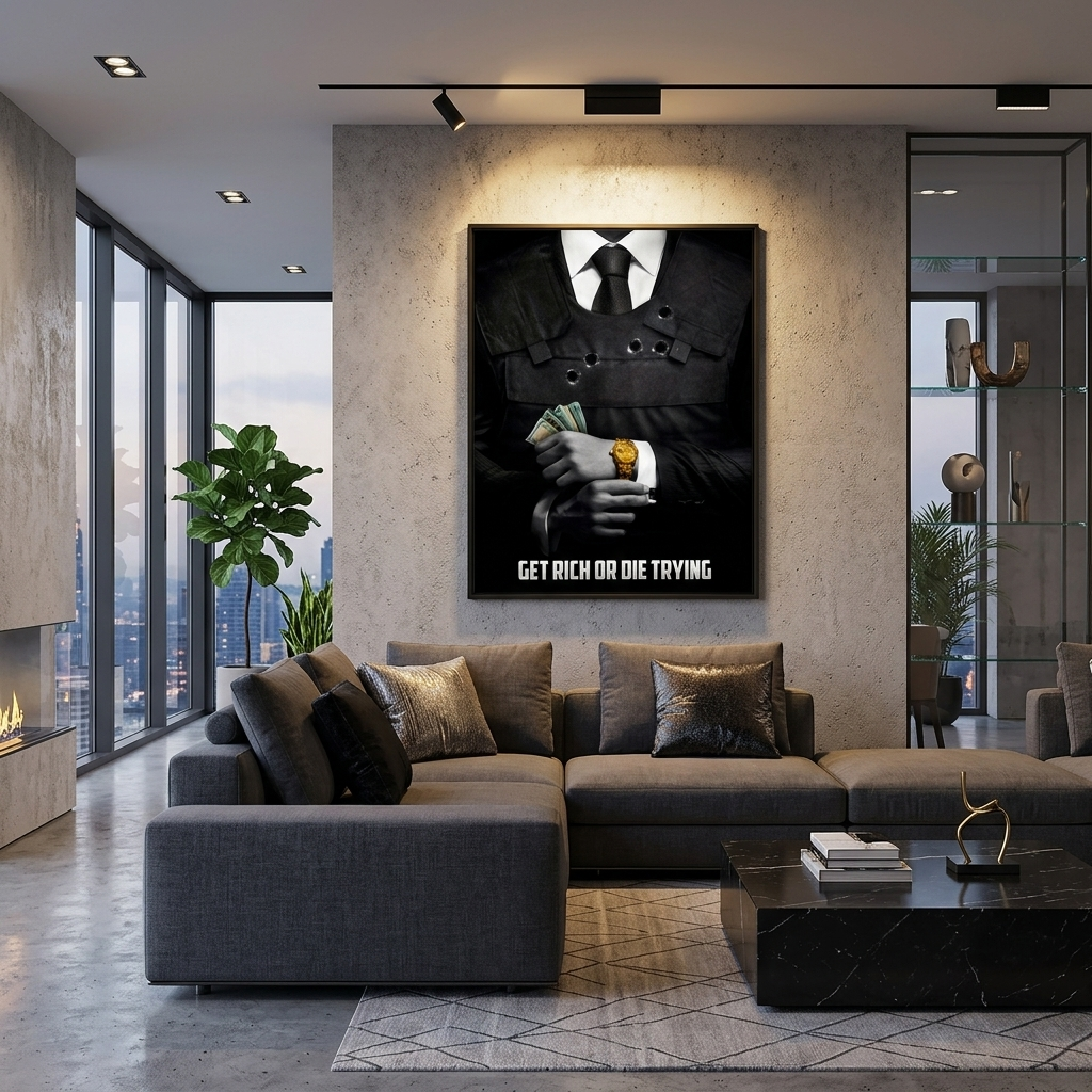 Ein Mann im Anzug mit Geld in den Händen und einer goldenen Uhr am Handgelenk mit der Aufschrift „Motivational“ auf Leinwand.