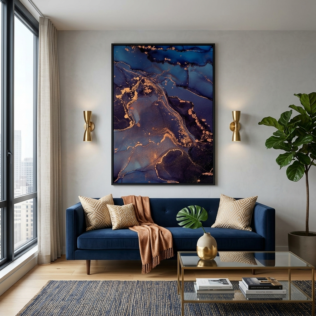 Marine-Schwarz mit einem Hauch von Gold Abstraktion Leinwand Wand Kunstdruck