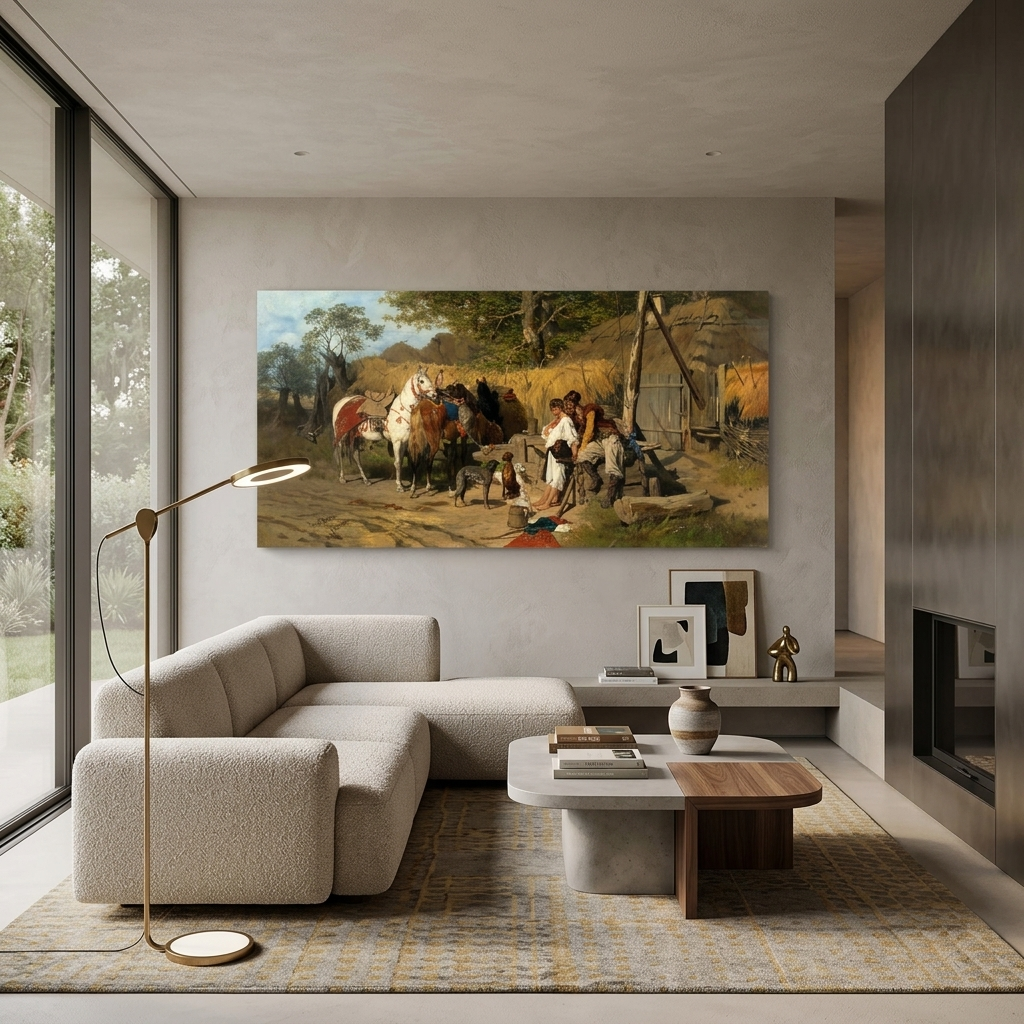 Reproduktion von Jozef Brant Kozak und das Mädchen, Reproduktion auf Leinwand, Kunstdruck