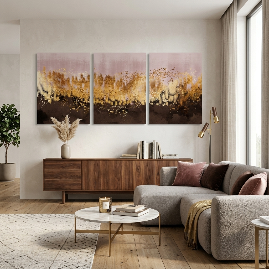 Modularer, abstrakter Kunstdruck auf Leinwand, mehrteilig, puderbraun mit goldenen Elementen