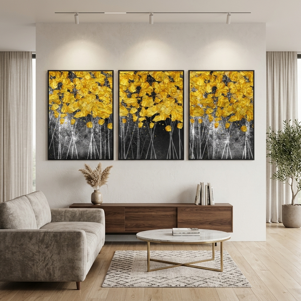 Modularer Kunstdruck auf Leinwand, mehrteilig, mit goldenen Punkten auf dunkelgrauem Hintergrund