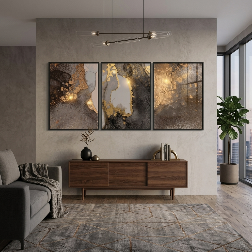 Modularer abstrakter Kunstdruck auf Leinwand, mehrere Teile, grau-gold
