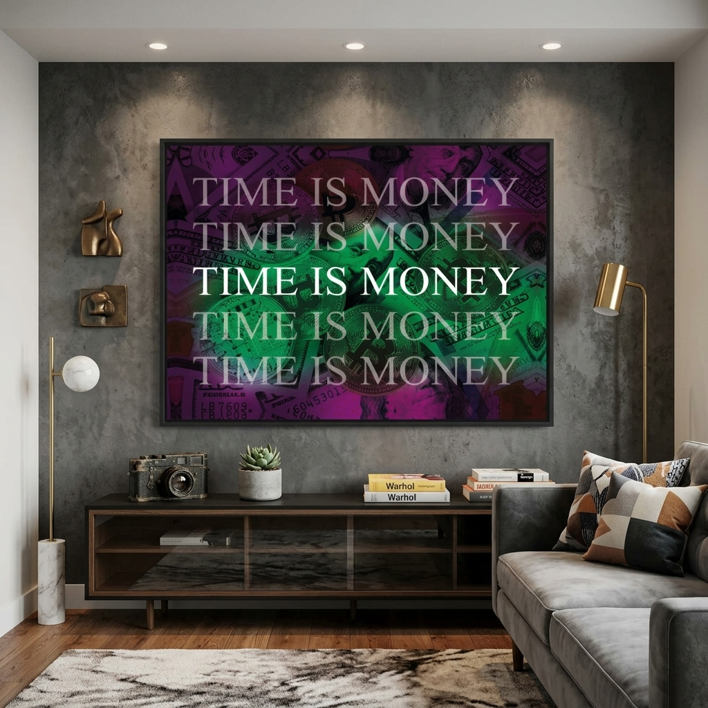 Dollar und Bitcoin Zeit ist Geld auf einem lila Hintergrund Inspirierender Leinwand-Kunstdruck