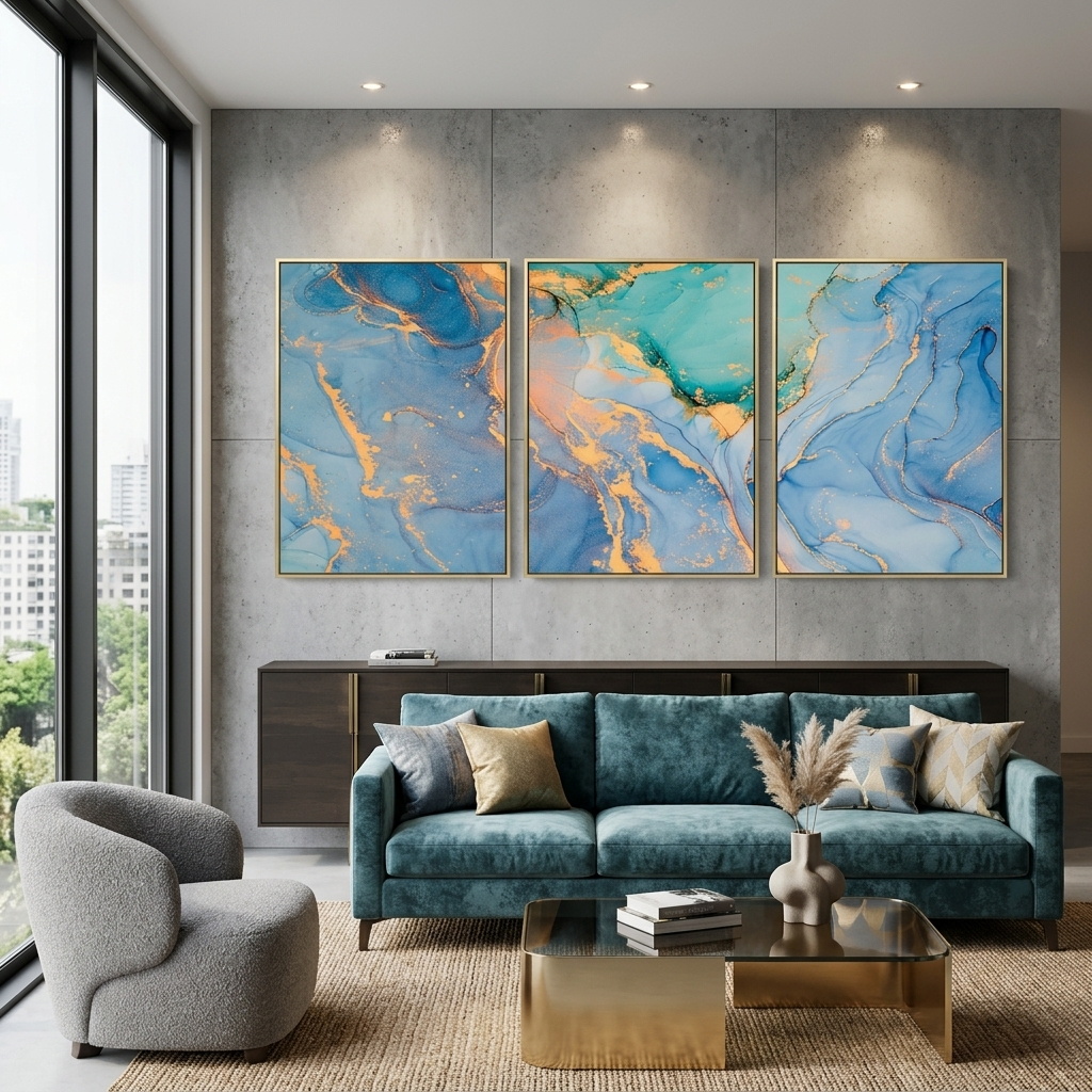 Modularer abstrakter Kunstdruck auf mehrteiliger Leinwand in Blau- und Goldfarben