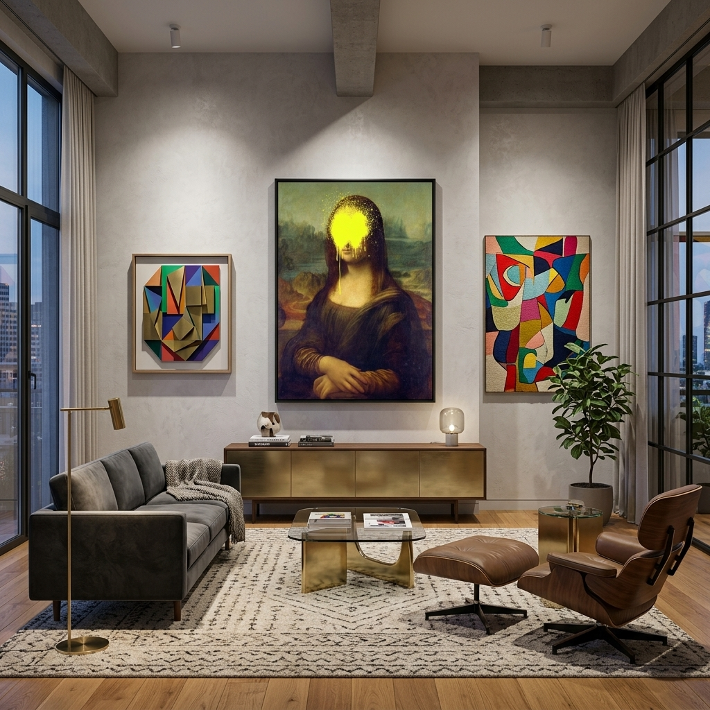 Kunstdruck auf Leinwand, Mona Lisa mit gelber Farbe im Gesicht