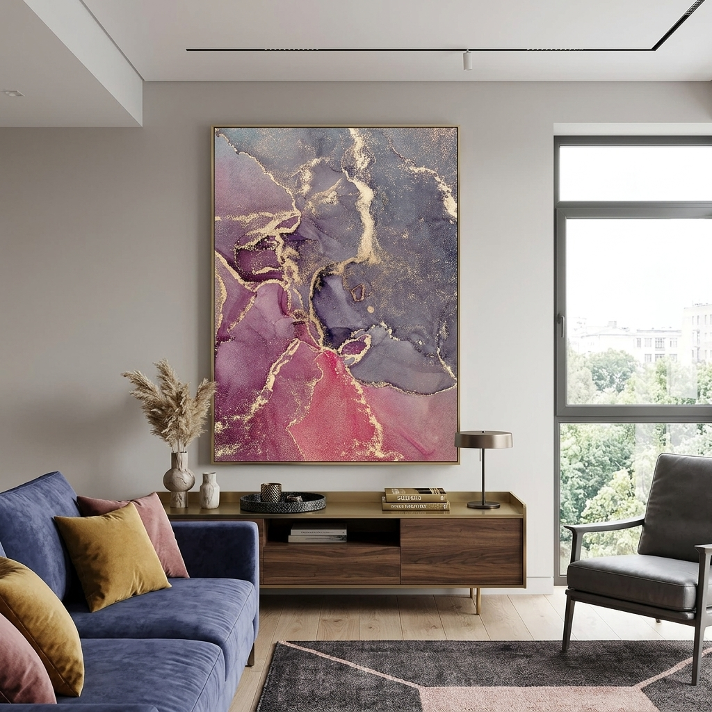 Pudergraue Farbtöne mit rot-burgunderfarbenen und goldenen Elementen Abstrakter Kunstdruck auf Leinwand