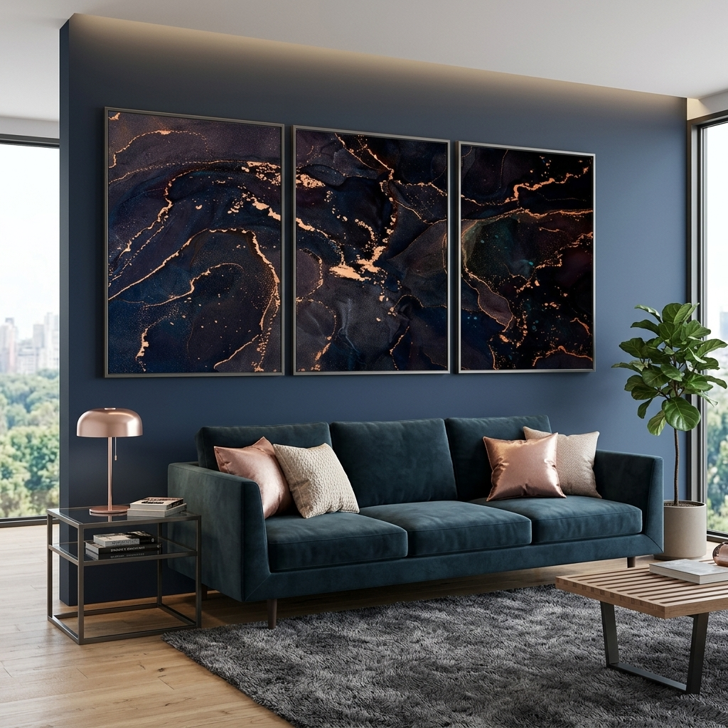 Modularer Kunstdruck auf Leinwand, dunkel, abstrakt, mit goldenen Elementen, mehrere Teile