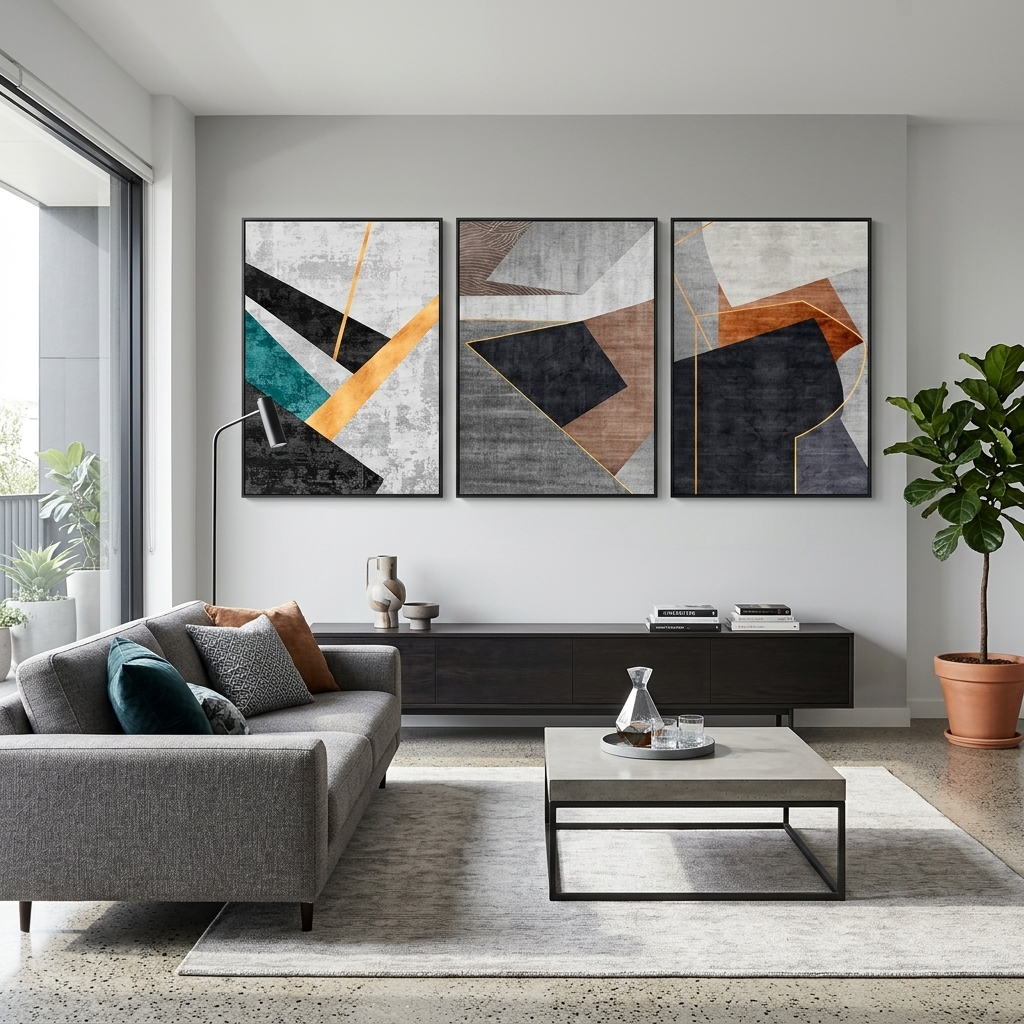 Modularer grau-schwarzer abstrakter Kunstdruck mit verschiedenen Farben, mehrteilig, auf Leinwand