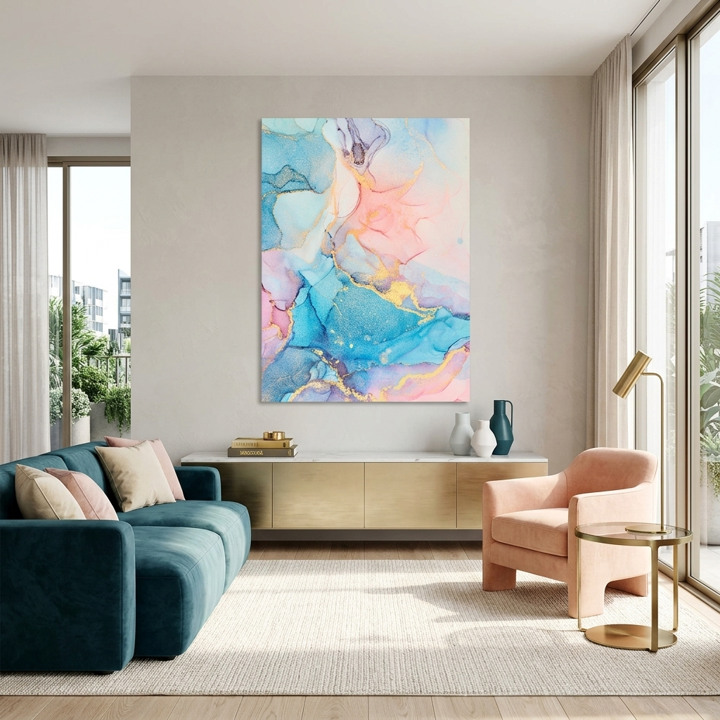 Puderrosa mit blau-goldenen Tönen Abstraktion Leinwand Wand Kunstdruck