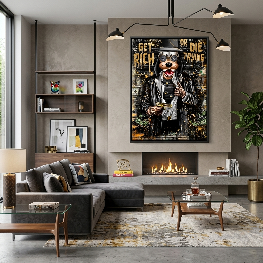 Kunstdruck auf Leinwand mit einem Cartoon-Hund mit einer goldenen Pistole