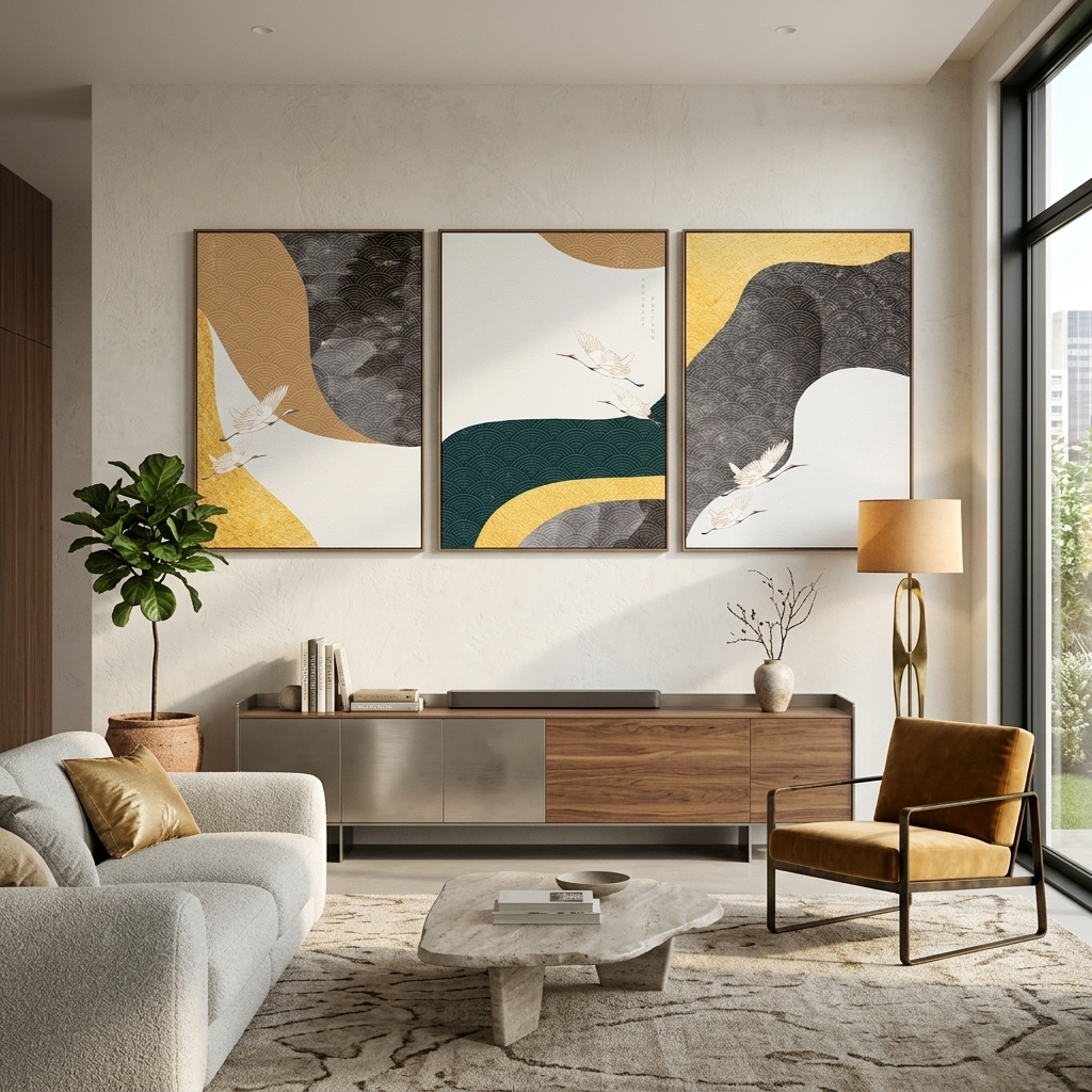Modularer Kunstdruck auf Leinwand, Vögel auf graubeigem Hintergrund, mehrere Teile