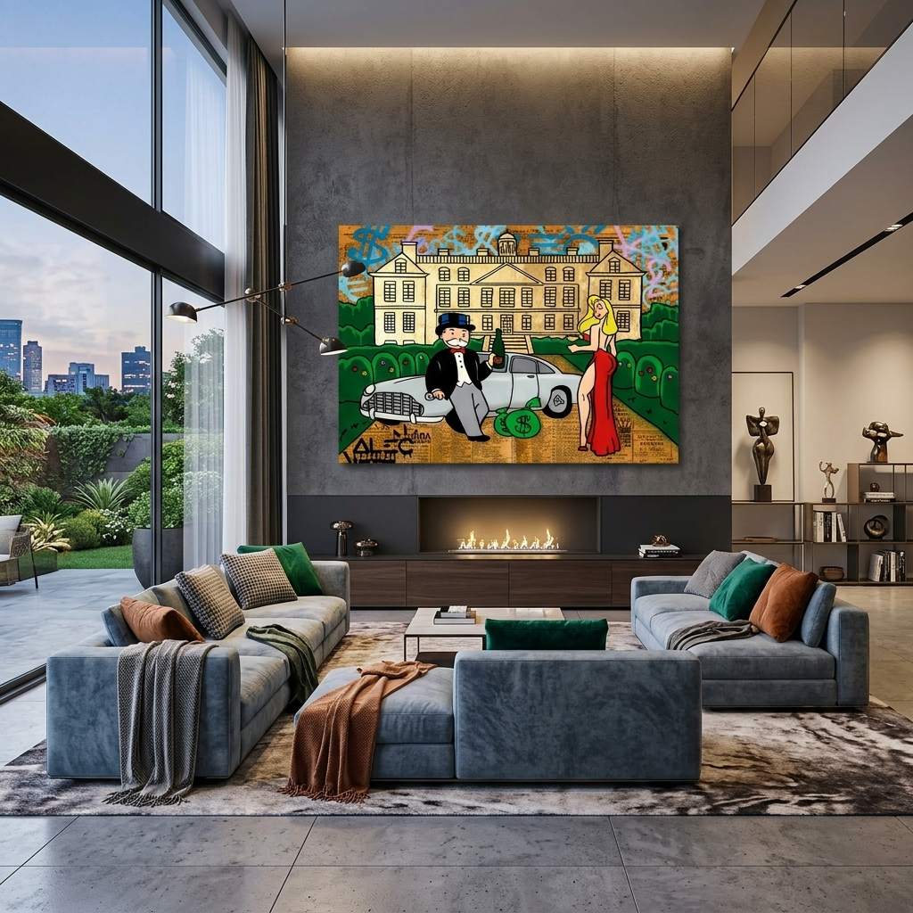 Das Mädchen und Alec Monopoly im Hintergrund des Autos und des Hauses Leinwandbild
