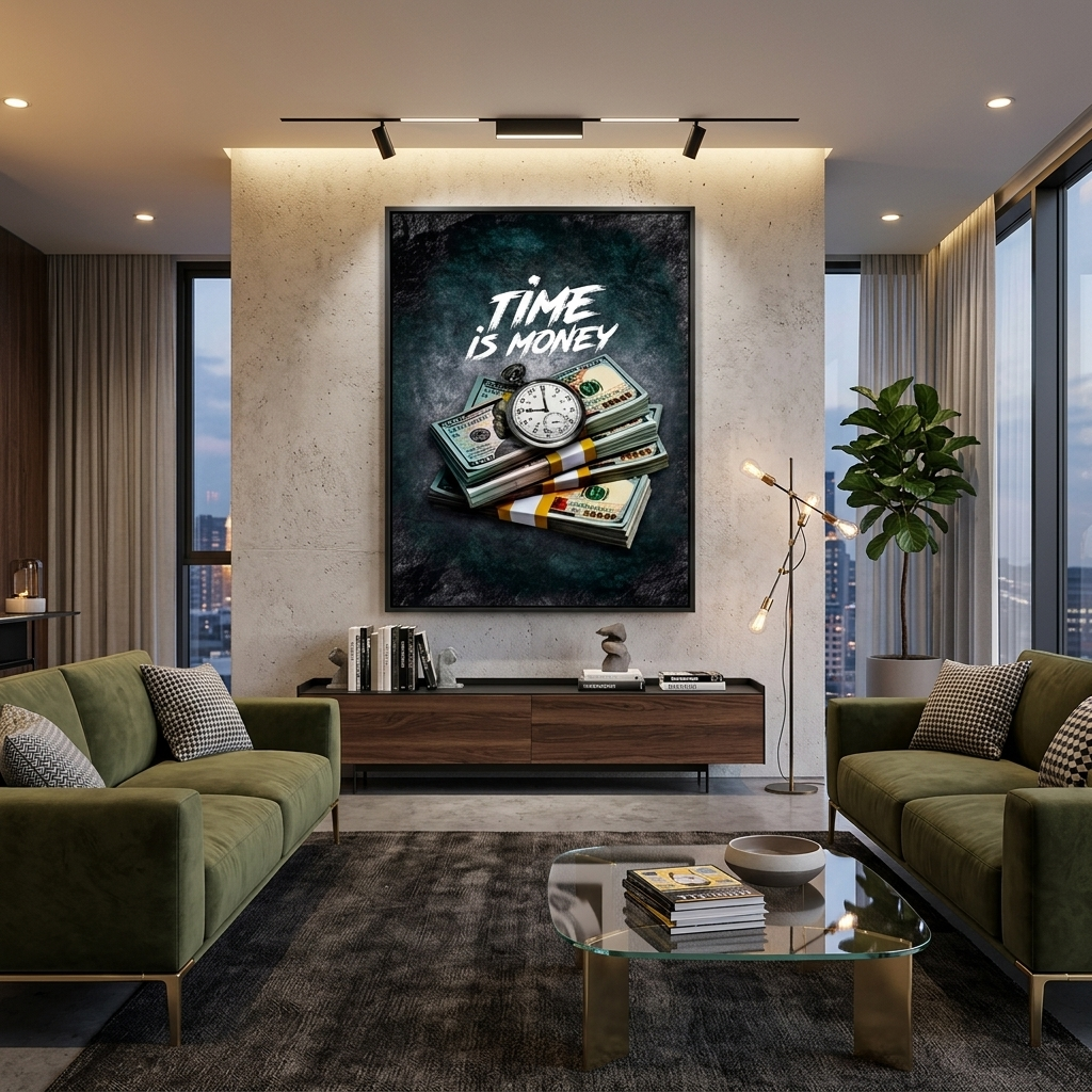"""Time for Money"" over dollars and clocks Inspirational Canvas Wall Art Print"