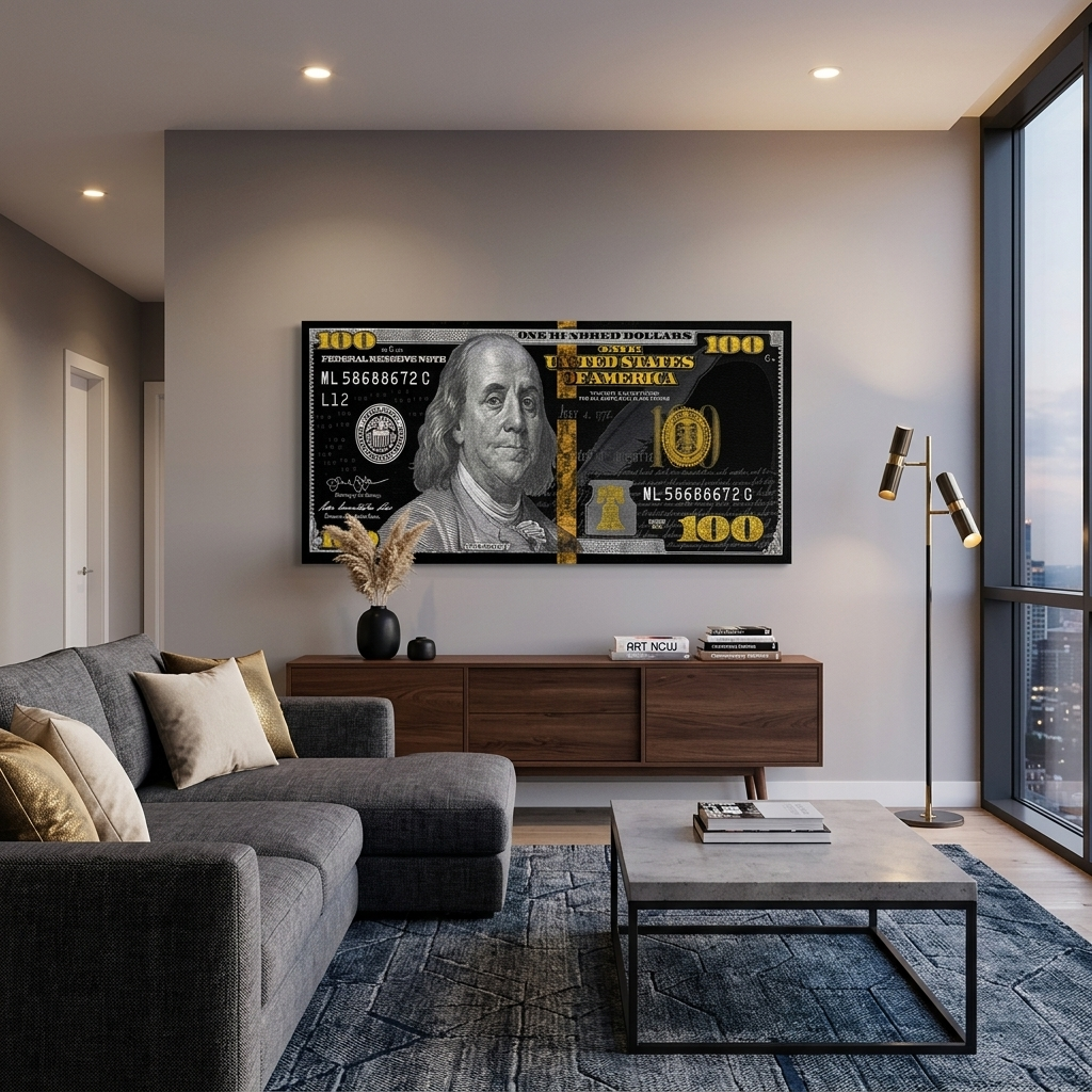 100 Dollar Schwarz, Grau und Gold Inspirierender Leinwand-Kunstdruck
