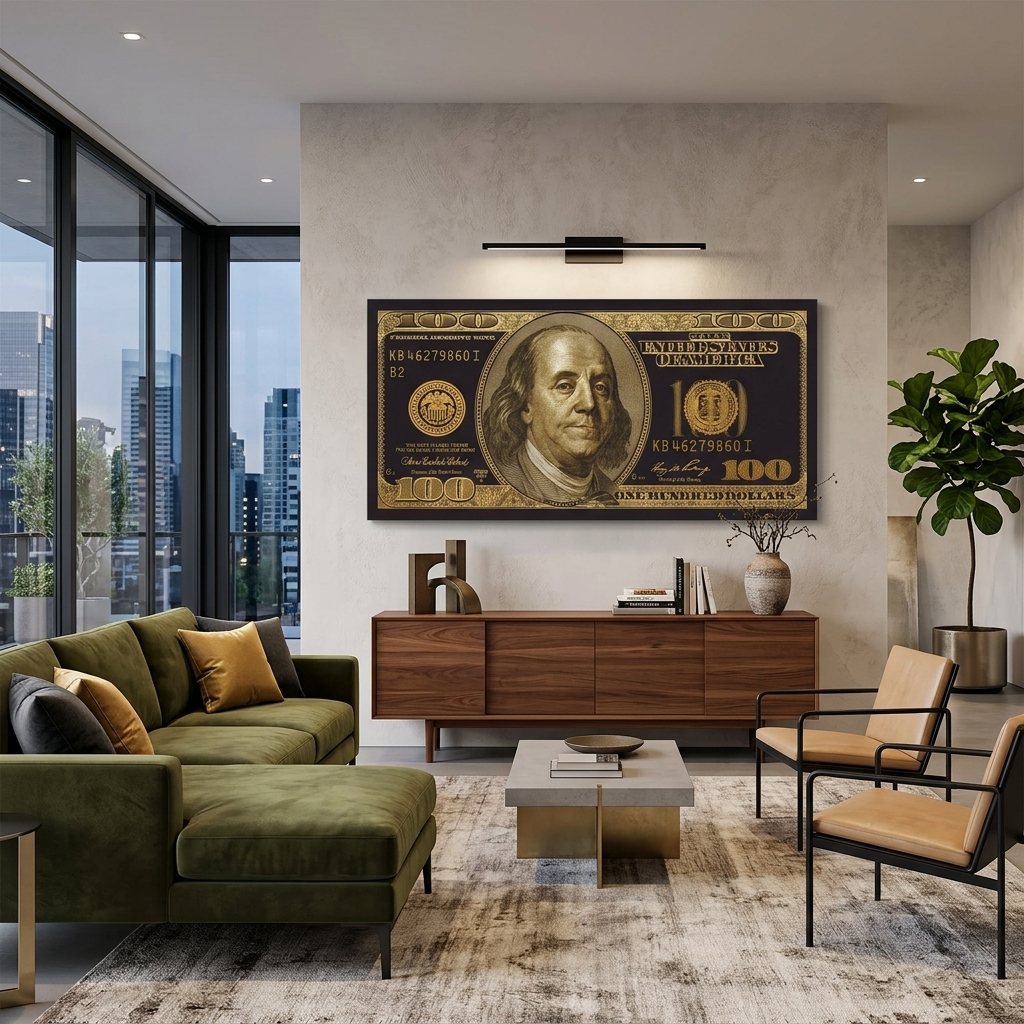100 Dollar goldener und schwarzer inspirierender Kunstdruck auf Leinwand