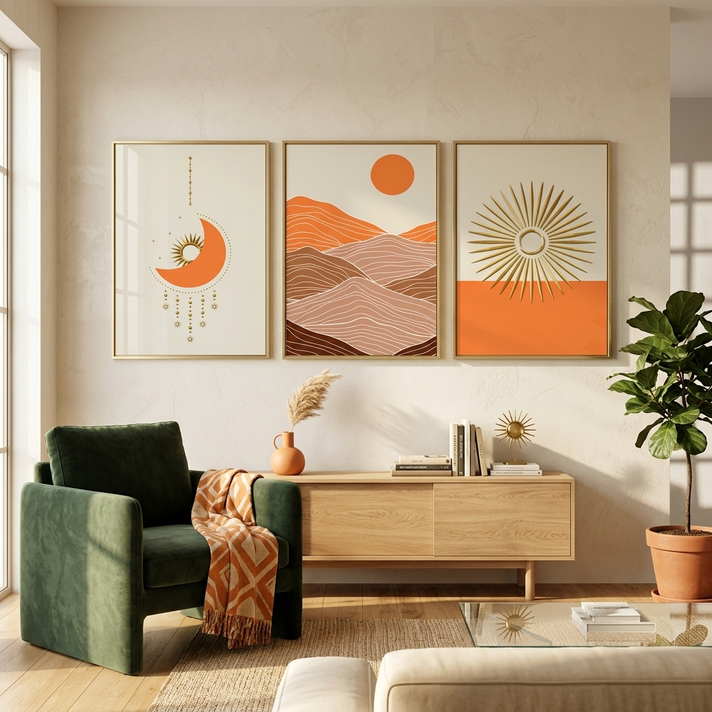 Modulare geometrische Abstraktion mit leuchtend orangefarbenem, mehrteiligem Leinwandbild.