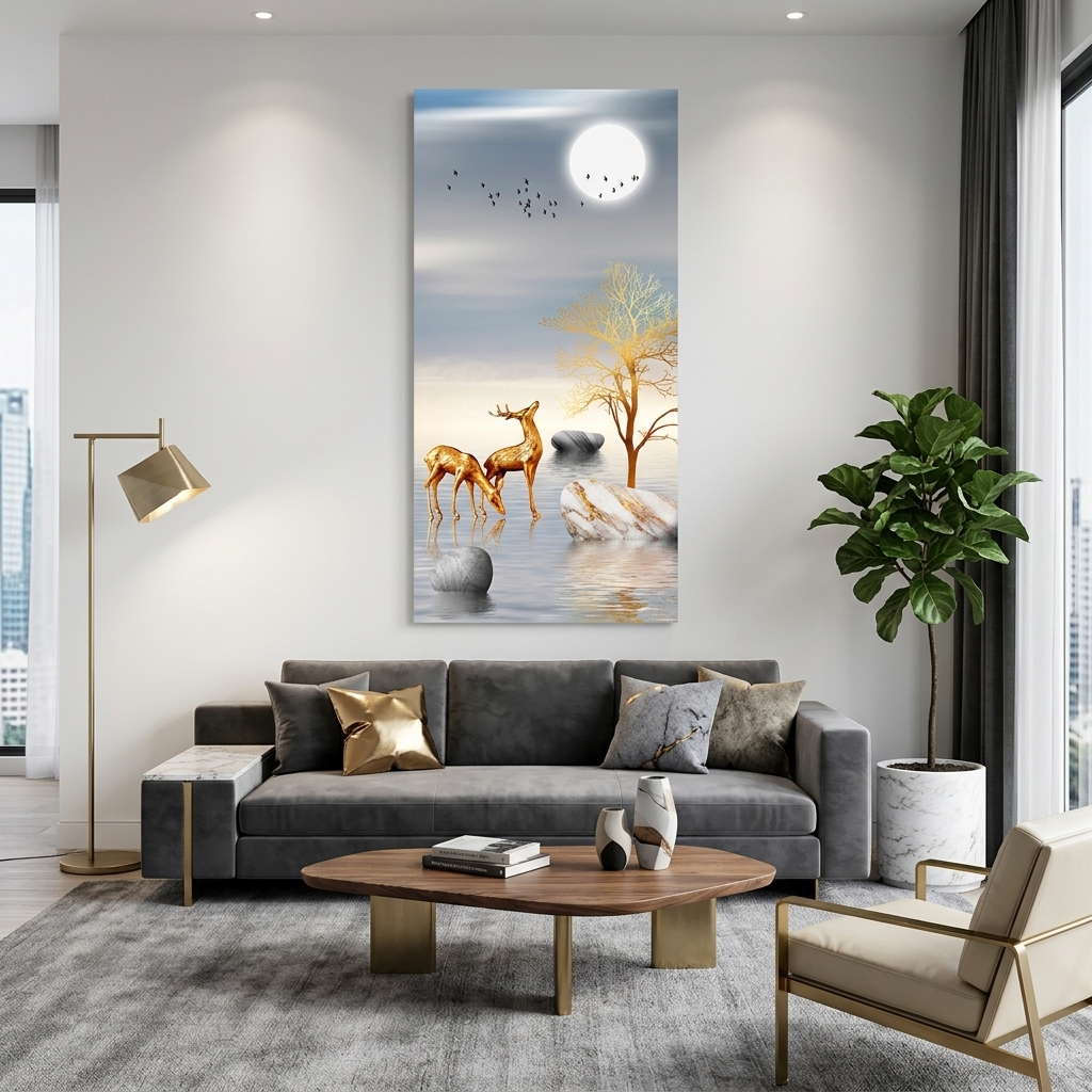Drei Steine, zwei Hirsche, zwei Vögel und der Mond, abstrakter Kunstdruck auf Leinwand