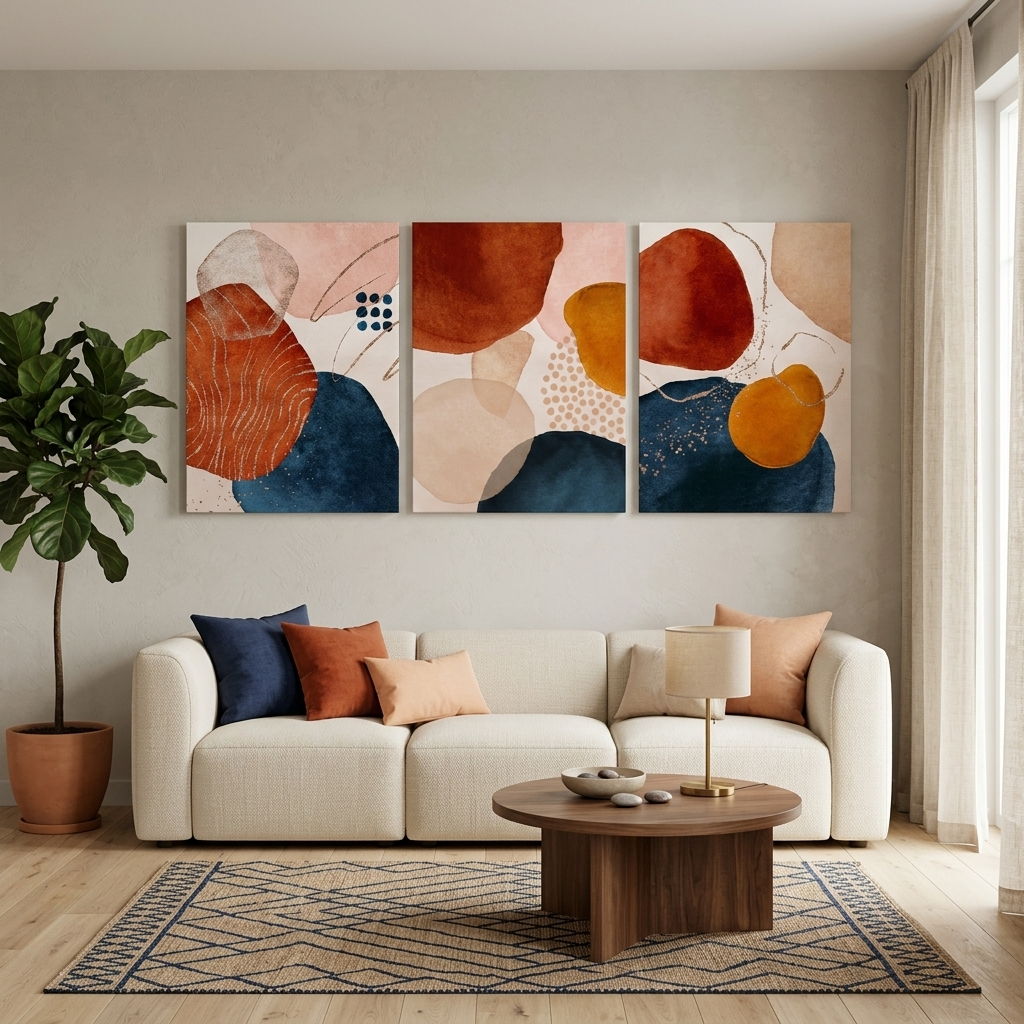 Modularer dreiteiliger abstrakter Kunstdruck auf Leinwand in Blau und Orange
