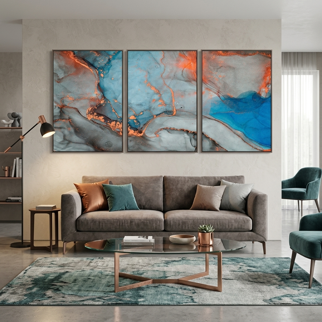 Modularer, grauer, abstrakter Kunstdruck mit orangen Elementen, mehrere Teile auf Leinwand