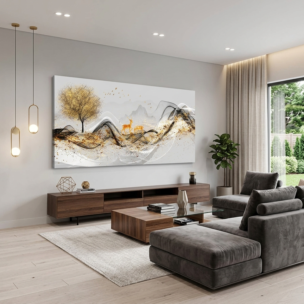 Zwei Hirsche in der Nähe eines Baumes mit einem Berg im Hintergrund Abstraktion Leinwand Wand Kunstdruck