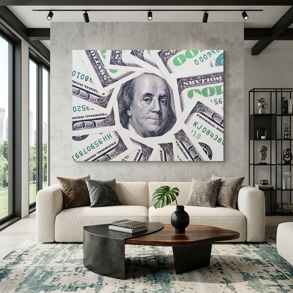 12 100-Dollar-Scheine, mit einem Bild von Franklin in der Mitte. Inspirierender Kunstdruck auf Leinwand