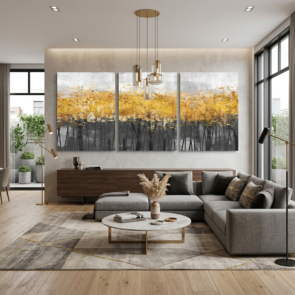 Modularer abstrakter Kunstdruck auf Leinwand, mehrere Teile, grau-gold
