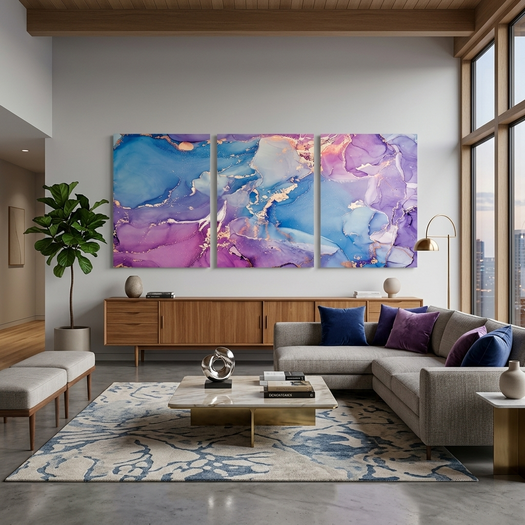 Modularer lila-blauer abstrakter mehrteiliger Kunstdruck auf Leinwand