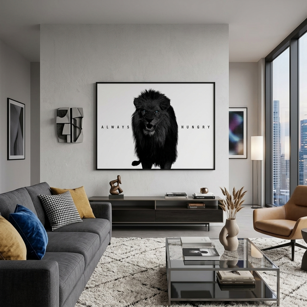 Der Löwe ist immer hungrig Motivierender Kunstdruck auf Leinwand