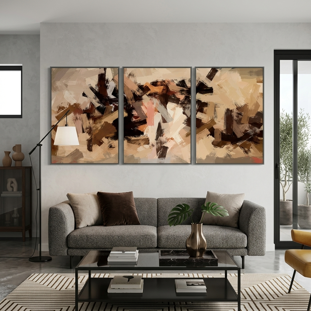 Modularer Kunstdruck auf Leinwand mit Pinselstrichen in Beige-Braun-Tönen, mehrere Teile