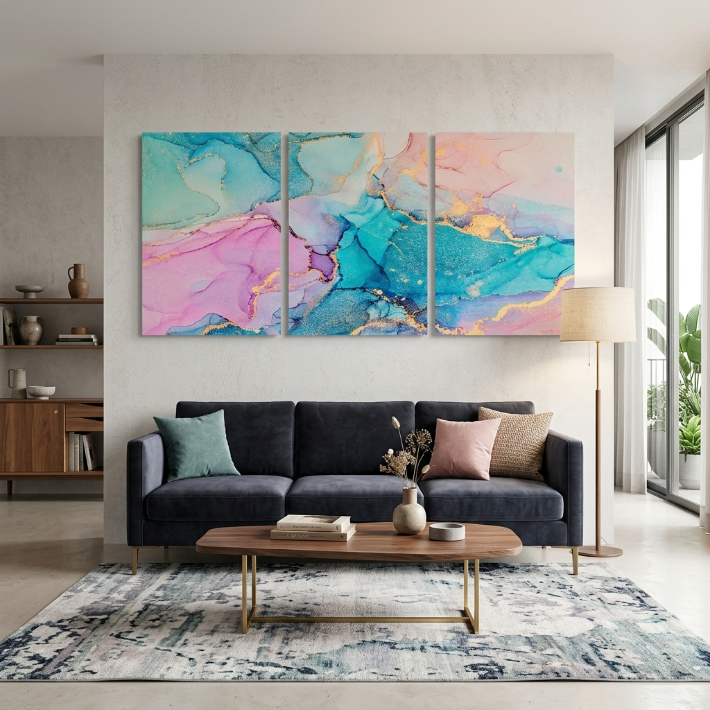 Modularer, abstrakter Kunstdruck auf Leinwand, mehrteilig, türkis-puderfarben