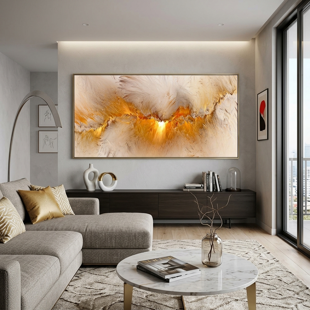 Weißes abstraktes Bild mit leuchtend gelbem Schimmer Abstraktion auf Leinwand, Kunstdruck