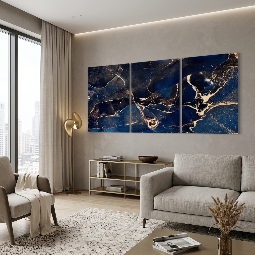 Modularer abstrakter Kunstdruck auf Leinwand, mehrteilig, tiefblau mit goldenen Elementen
