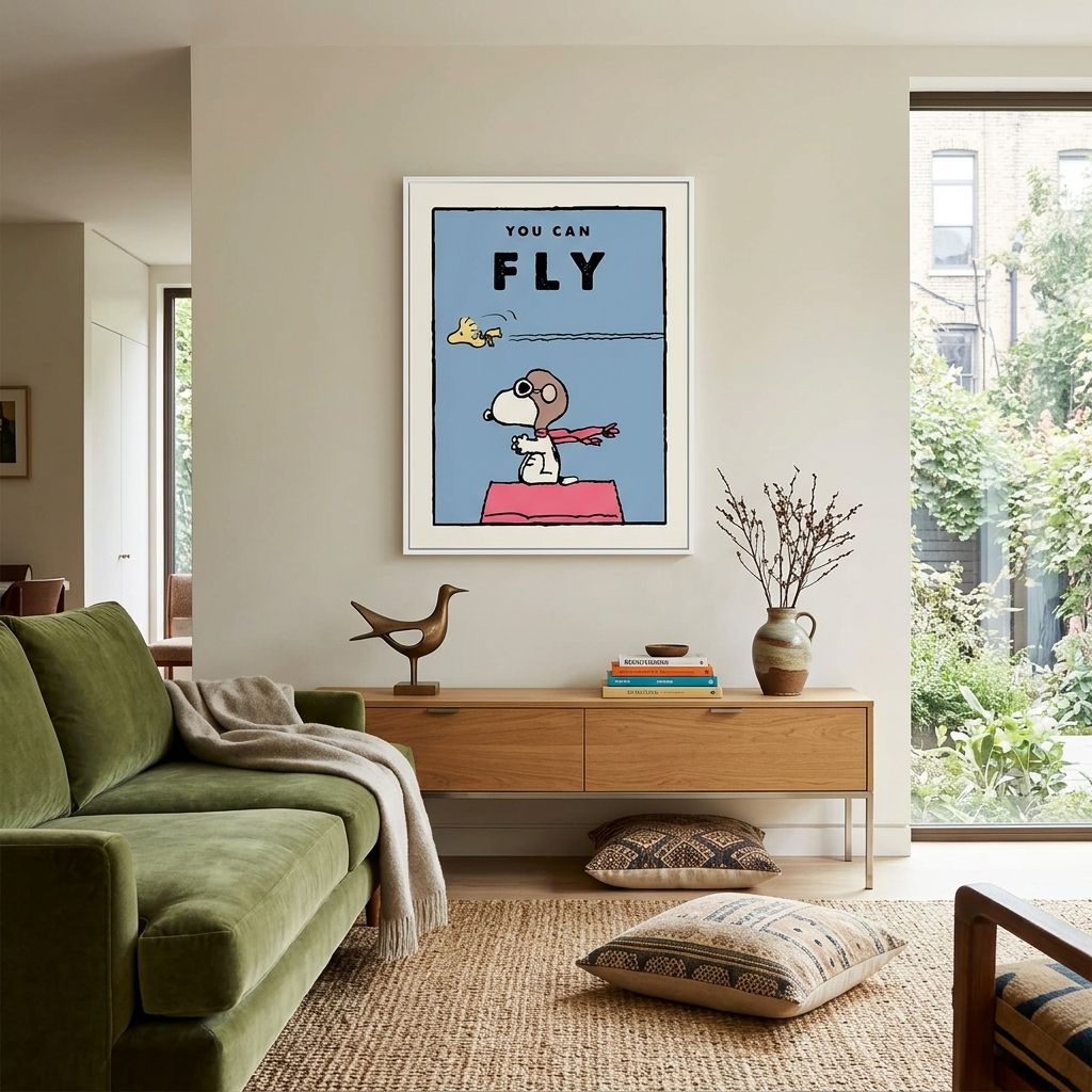Ein Hündchen und ein Vogel mit den Worten „You Can Fly“ – motivierender Kunstdruck auf Leinwand