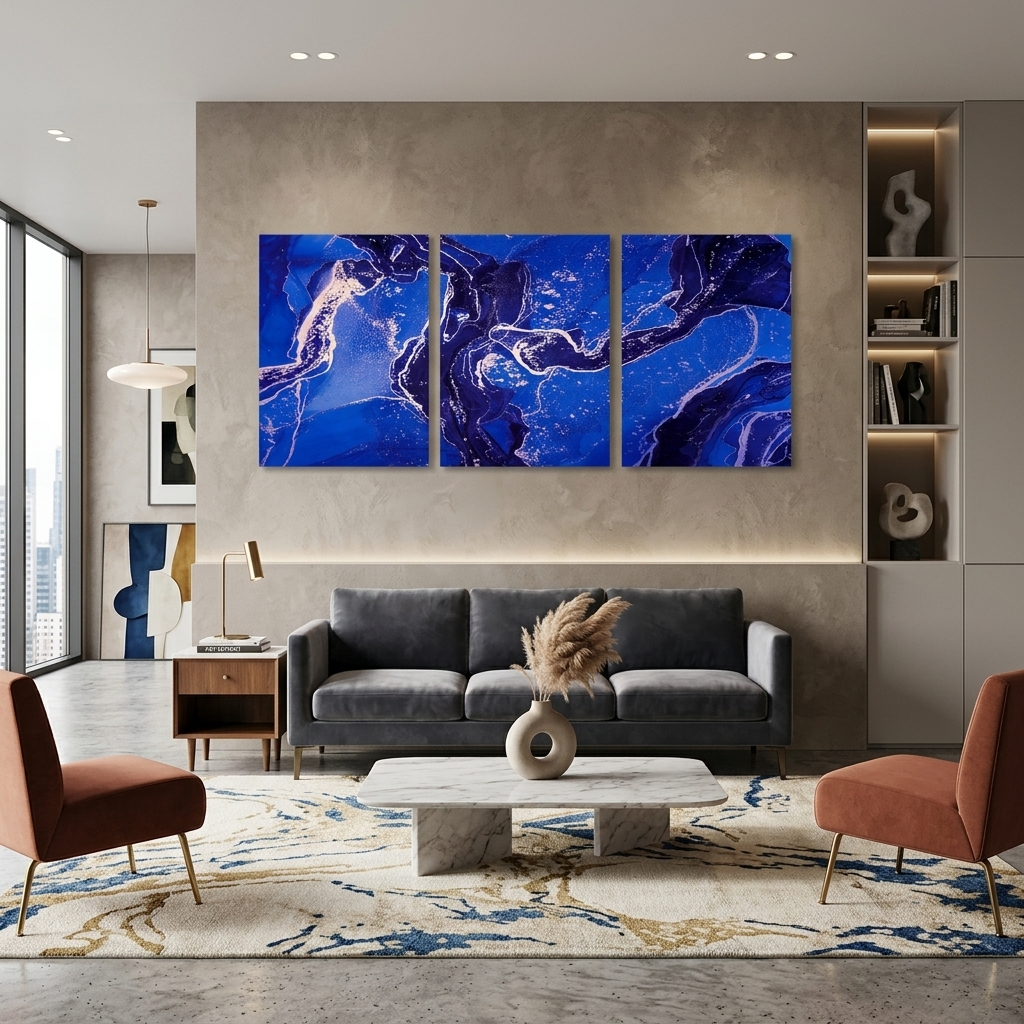 Modularer, abstrakter Kunstdruck auf Leinwand, mehrere Teile, Marineblau