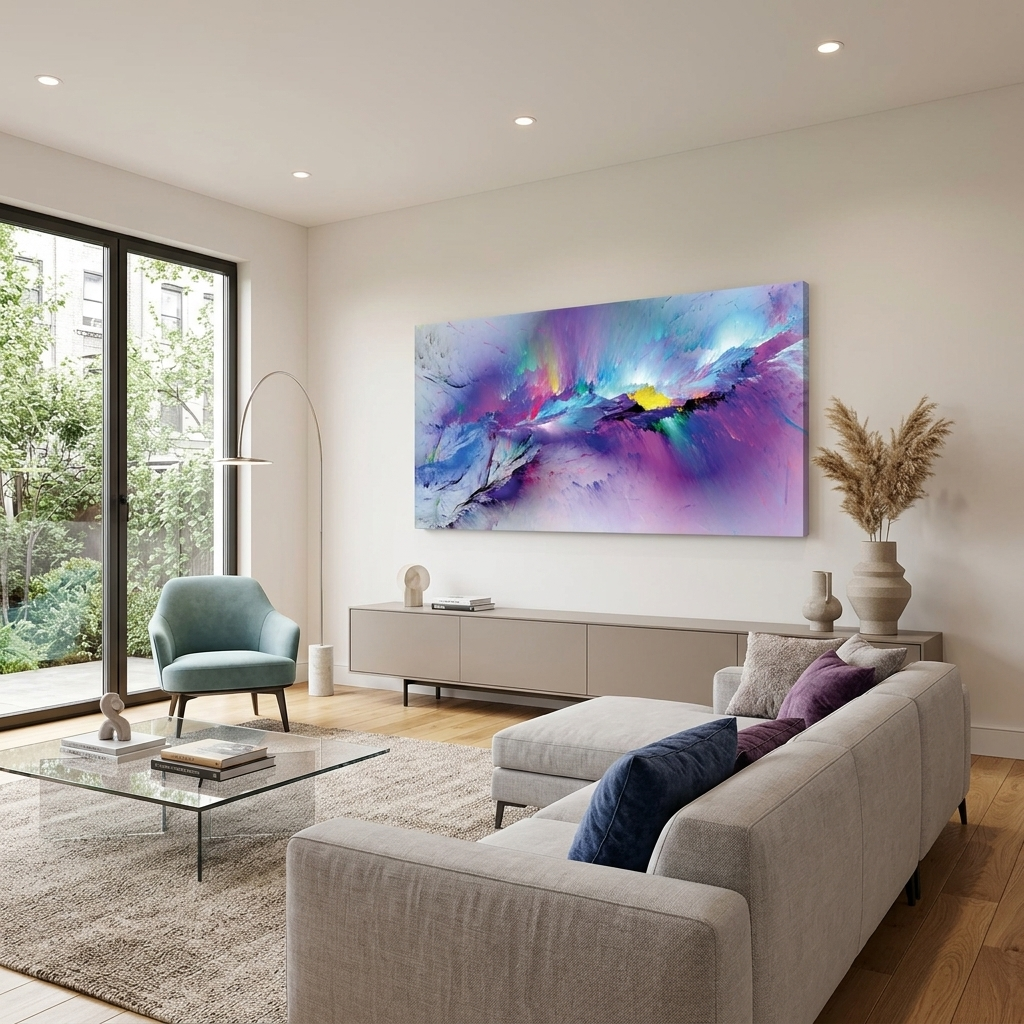Violett-blaue Abstraktion mit kleinen Details aus Gelb und Rosa Abstraktion auf Leinwand, Kunstdruck