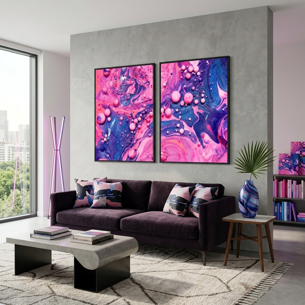 Modularer abstrakter Kunstdruck auf Leinwand, mehrteilig, Rosa und Blau