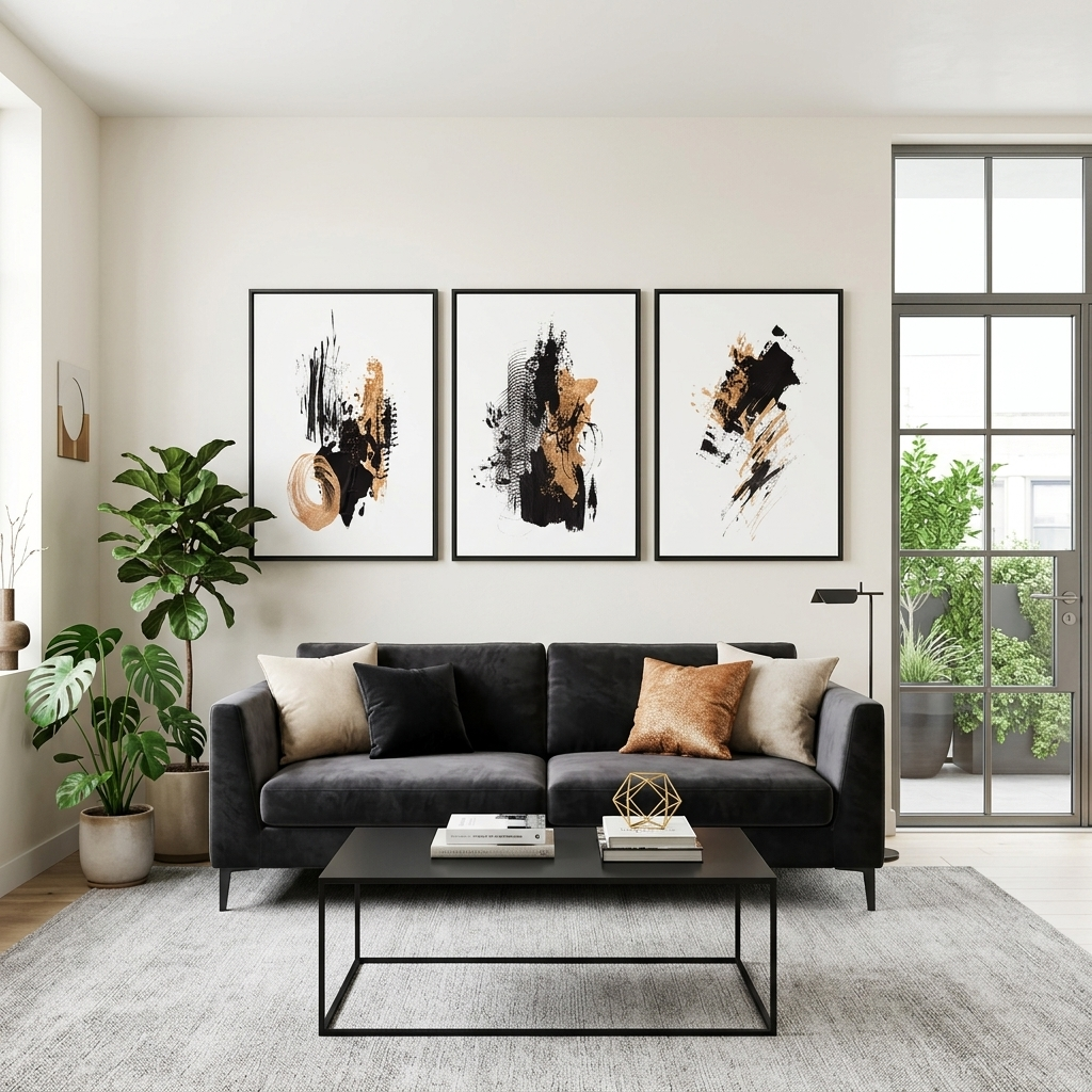 Modularer abstrakter Kunstdruck auf Leinwand, mehrteilig, Schwarz und Gold