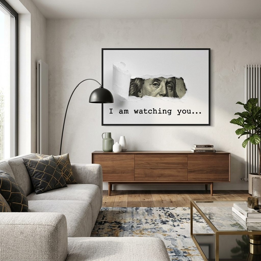 Dolar. Ich beobachte dich. Inspirierender Kunstdruck auf Leinwand