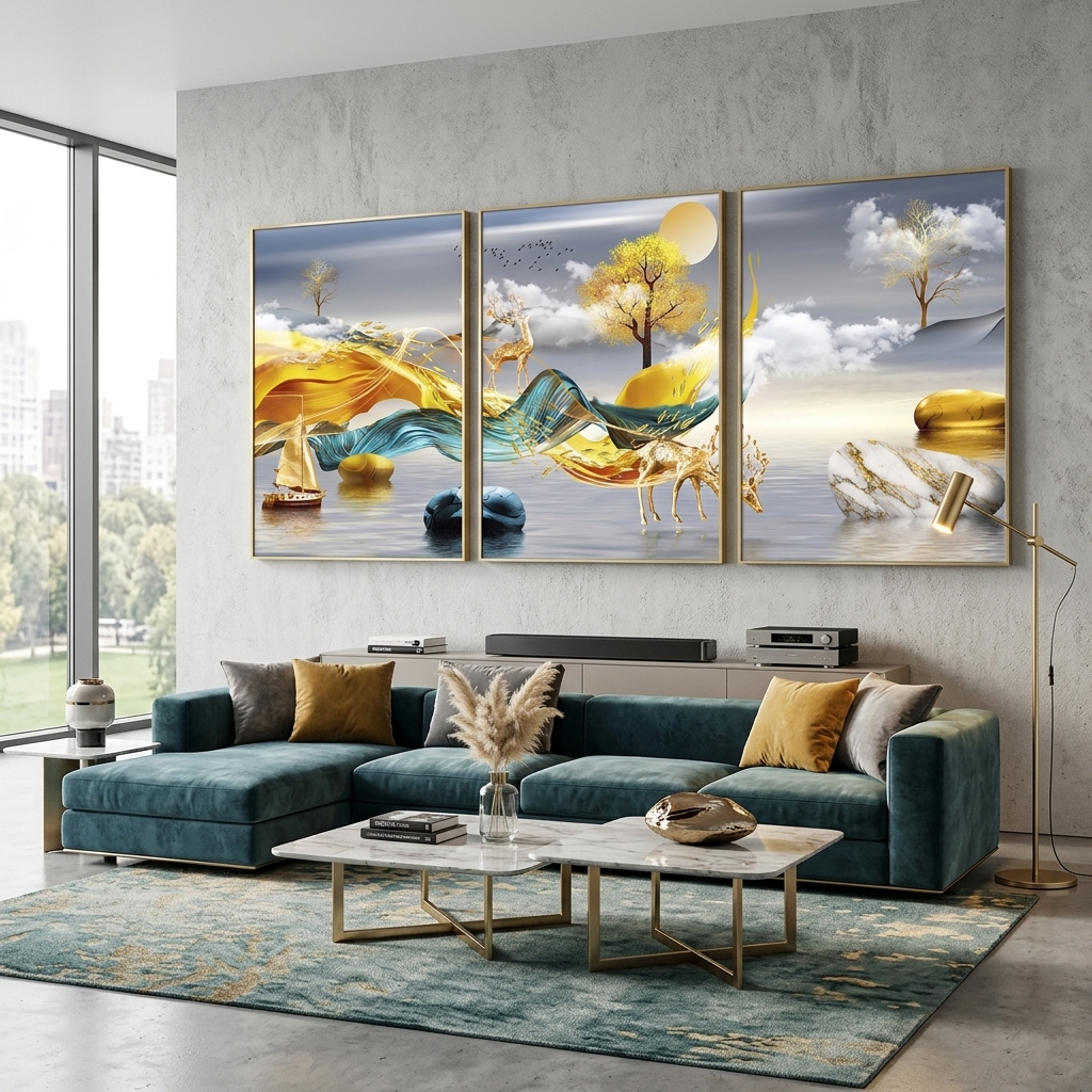 Mehrteiliger Kunstdruck auf Leinwand, Goldener Hirsch auf Hügelhintergrund