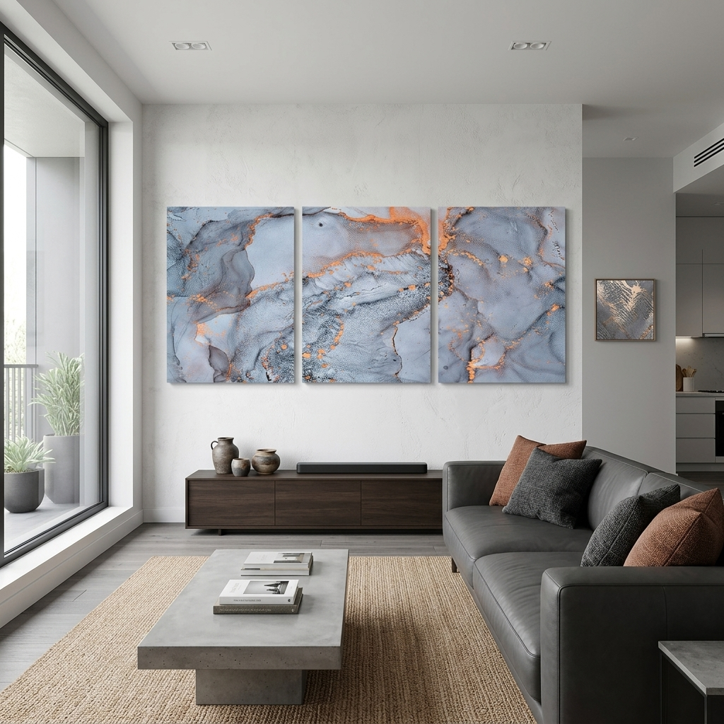 Modularer abstrakter mehrteiliger Kunstdruck auf Leinwand in Grau-Pulver
